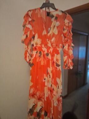 Women's Orange Floral Ruffle-Sleeve Maxi Dress And Multicolored Floral Maxi